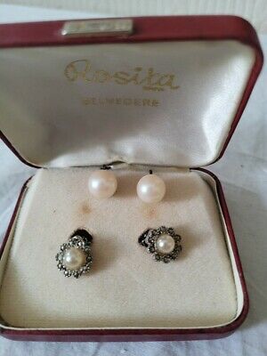 2 Pairs Of Vintage Faux Pearl Clip on Earrings And Rosita Presentation Box #305
