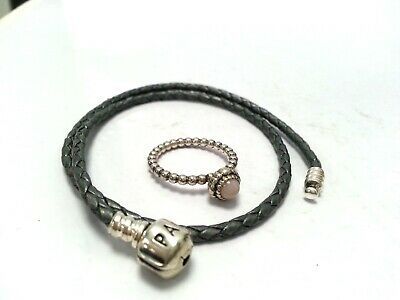 Pandora Pink October Birthstone Ring Size O & Double Braided Leather Bracelet