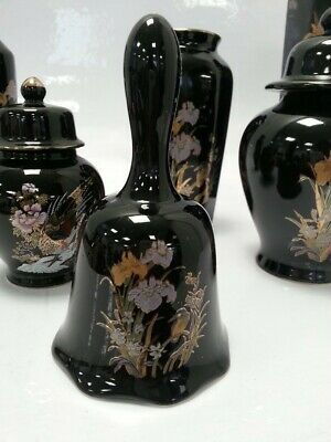 Set Of 6 Collectible Vintage Black W/ Gold Floral Pattern Vase / Mini Vase Set