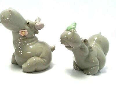 Pair of Nao by Lladro Vintage Rare Pottery Figurines Hippopotamus  Girl Boy