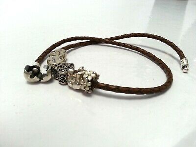 Authentic Brown Double Braided Pandora Leather Bracelet W/ 5 Charms Heart Flower