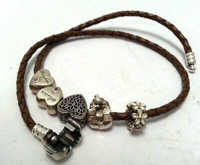 Authentic Brown Double Braided Pandora Leather Bracelet W/ 5 Charms Heart Flower