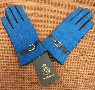 Harris Tweed  Harriet  Black And Teal Ladies Adjustable Leather Gloves #NG