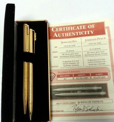 22 Carat Gold Tone Florentine Brush Finish Pen & Pencil Set w/ Box & Certificate