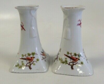 Vintage Pair Karlsbad Porcelain Ceramic White + Bird Design Candlestick Holders