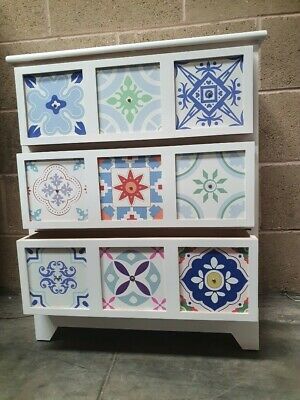 3 Drawer Mosaic Chest of Drawers White Pattern 59cm x 75 x 30 Hand Painted
