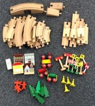 Job Lot Wooden Brio Village Set with Trains Tracks Signs Buildings Trees + Bag