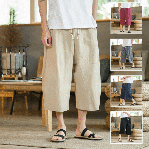 日系夏季時尚大碼寬鬆棉麻休間闟腿七分裤