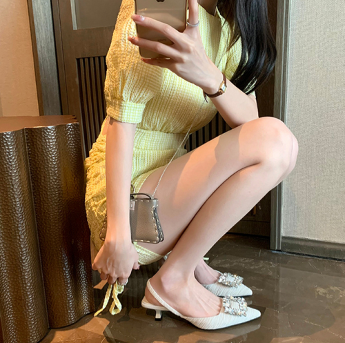 Genuine leather bag head sandals 2022 new summer square buckle rhinestone pointed shallow cut back thin high heel sandals for women
