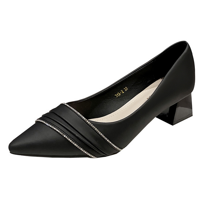 New pointed single shoe women's versatile thick heel rhinestone soft leather comfortable and not tiring shallow cut shoes