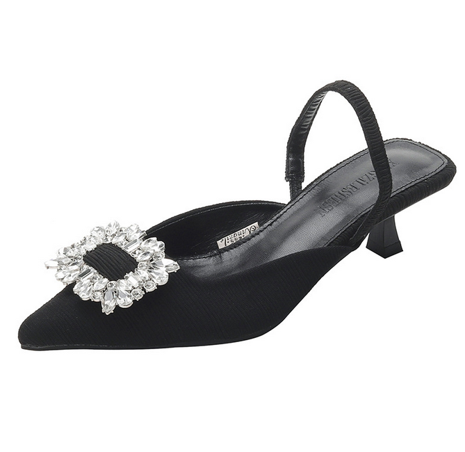 Genuine leather bag head sandals 2022 new summer square buckle rhinestone pointed shallow cut back thin high heel sandals for women