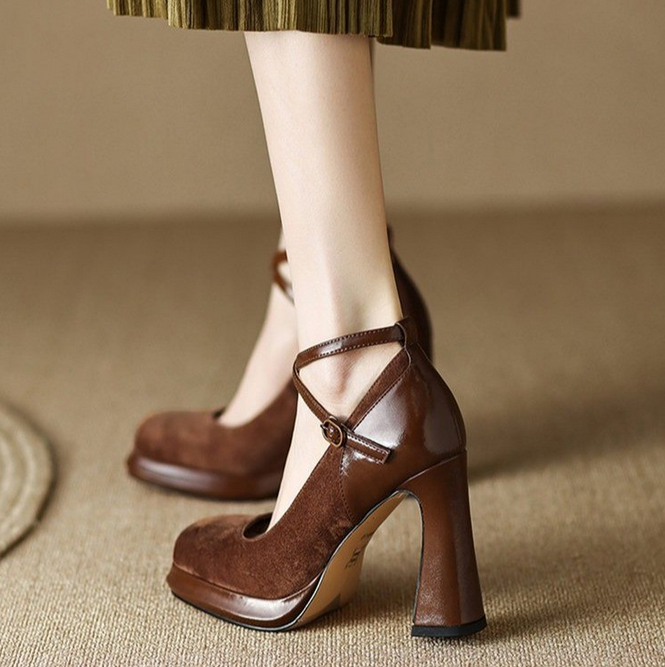 Black High Heels Women's Thick Heels Wedding Shoes Mary Jane 2023 New Cross Strap Square Head Versatile Comfortable Shallow Cut Single Shoes