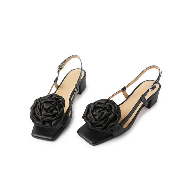French Vintage Open Toed Cowhide Flower Thick Heel Ladies Sandals Fashion Back Strap Elegant Mid High Heels