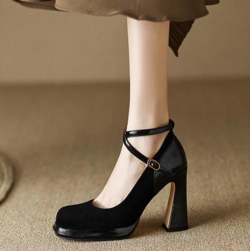 Black High Heels Women's Thick Heels Wedding Shoes Mary Jane 2023 New Cross Strap Square Head Versatile Comfortable Shallow Cut Single Shoes