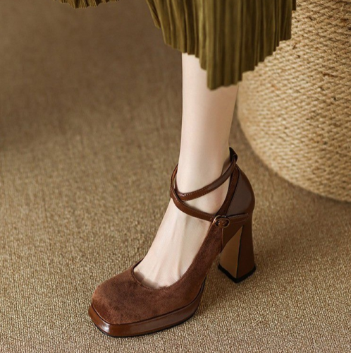 Black High Heels Women's Thick Heels Wedding Shoes Mary Jane 2023 New Cross Strap Square Head Versatile Comfortable Shallow Cut Single Shoes