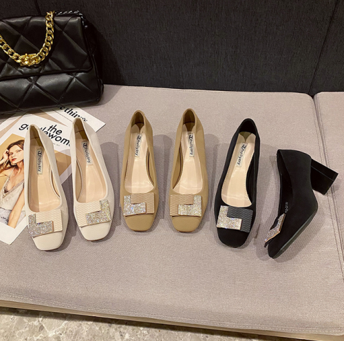 2023 New Korean Edition Work Simple Fashion High Heels Square Toe Thick Heels Shallow Mouth Single Women's Shoes