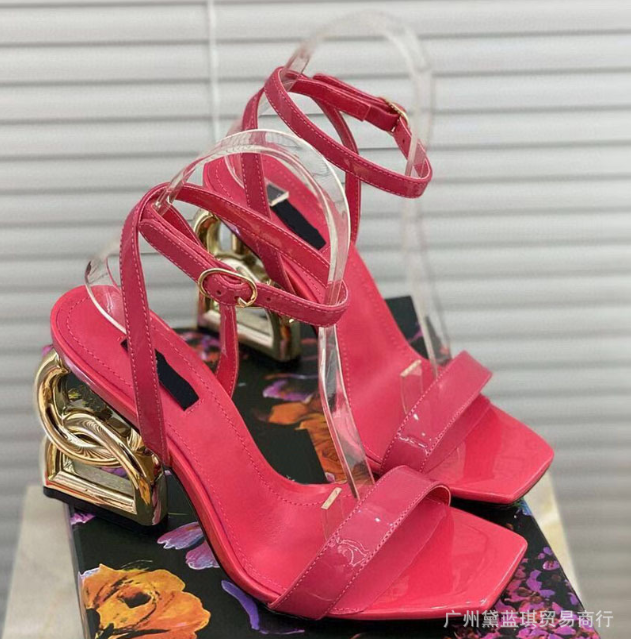 Square toe ultra high heels, contoured heels, European and American trends, ins, red, open toe sandals, cowhide women's shoes