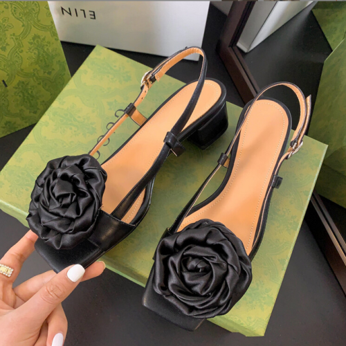 French Vintage Open Toed Cowhide Flower Thick Heel Ladies Sandals Fashion Back Strap Elegant Mid High Heels