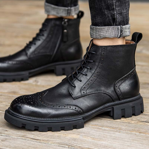 Men's Martin Boots Cowhide Thick Sole Winter High Top Block Men's Boots British Mid Top Zipper Boots Short Boots