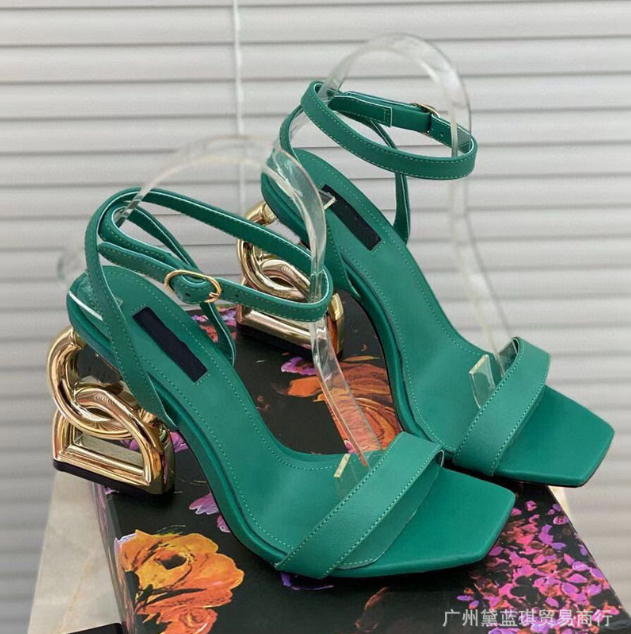 Square toe ultra high heels, contoured heels, European and American trends, ins, red, open toe sandals, cowhide women's shoes