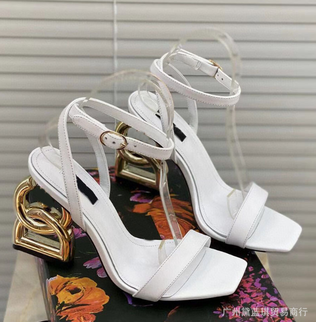 Square toe ultra high heels, contoured heels, European and American trends, ins, red, open toe sandals, cowhide women's shoes
