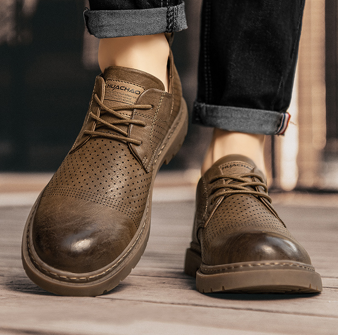 Leather shoes for men's summer new perforated and breathable British style business suit leather upper casual and high-end Martin fashion shoes