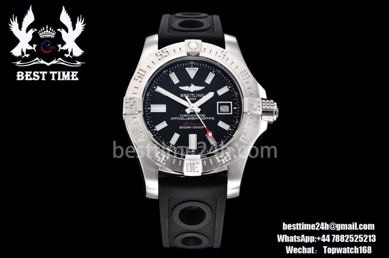 Breitling Avenger II Seawolf SS Black Dial Rectangle Markers on Black Rubber Strap A2824