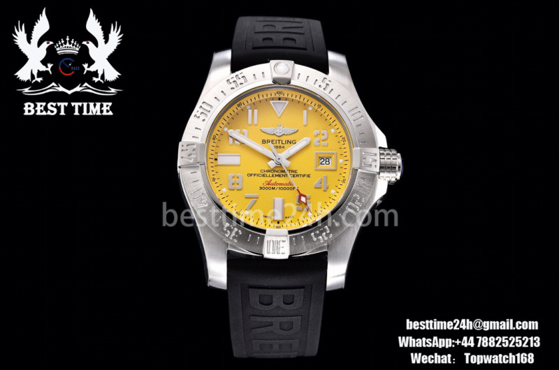 Breitling Avenger II Seawolf SS GF 1:1 Best Edition Yellow Dial On Black Rubber Strap A2824