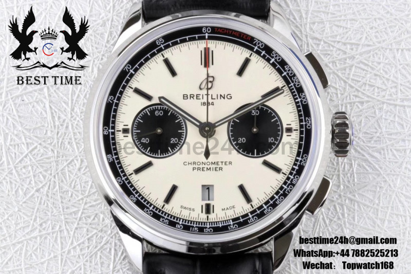 Breitling Premier B01 Chrono SS 42mm GF 1:1 Best Edition White/Black Dial on Black Leather Strap A7750