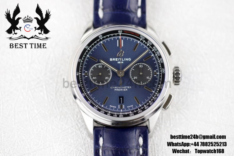 Breitling Premier B01 Chrono SS 42mm GF 1:1 Best Edition Blue Dial on Blue Leather Strap A7750