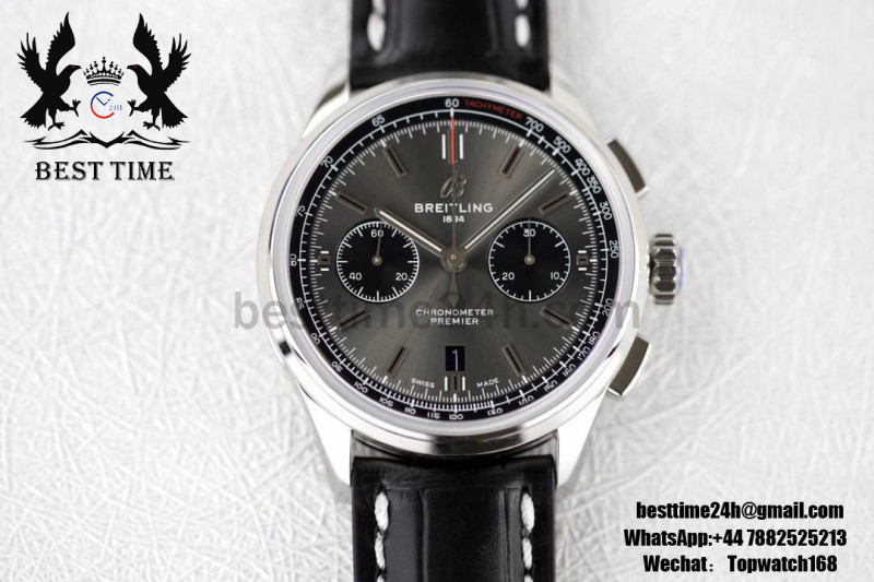 Breitling Premier B01 Chrono SS 42mm GF 1:1 Best Edition Gray/Black Dial on Black Leather Strap A7750