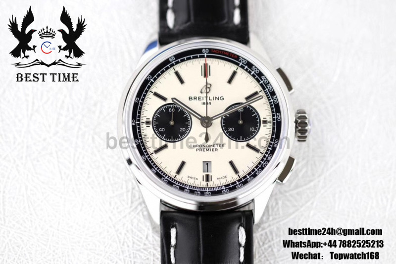 Breitling Premier B01 Chrono SS 42mm GF 1:1 Best Edition White/Black Dial on Black Leather Strap A7750
