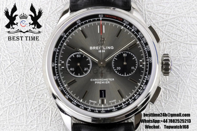 Breitling Premier B01 Chrono SS 42mm GF 1:1 Best Edition Gray/Black Dial on Black Leather Strap A7750
