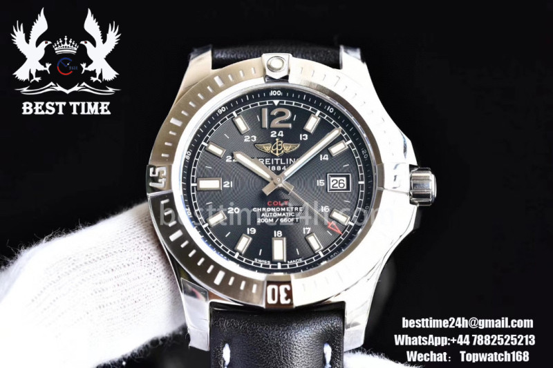 Breitling Colt Automatic 44mm SS GF 1:1 Best Edition Black Textured Dial on Black Leather Strap A2824