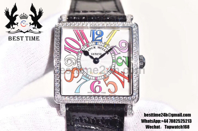 Franck MullerMaster Square SS Ladies GF 1:1 Best Edition White Dial Diamonds Bezel on Black Leather Strap Swiss Quartz
