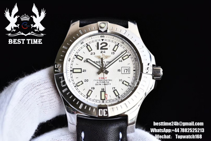 Breitling Colt Automatic 44mm SS GF 1:1 Best Edition White Textured Dial on Black Leather Strap A2824