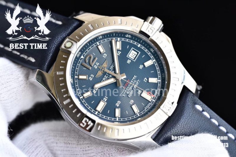BreitlingColt Automatic 44mm SS GF 1:1 Best Edition Blue Textured Dial on Blue Leather Strap A2824