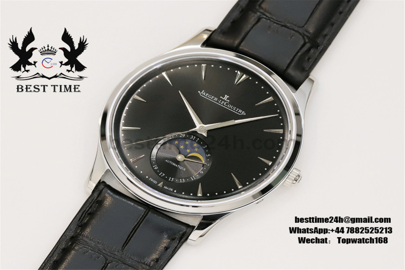 Jaeger-LeCoultre Master Ultra Thin Moon 1368420 SS GF 1:1 Best Edition Black Dial on Black Leather Strap MY9015 V2