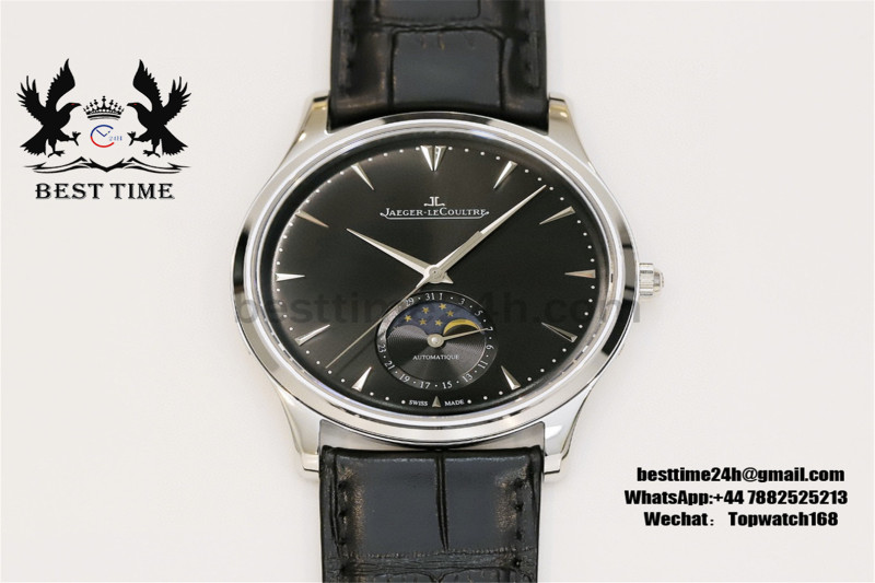 Jaeger-LeCoultre Master Ultra Thin Moon 1368420 SS GF 1:1 Best Edition Black Dial on Black Leather Strap MY9015 V2