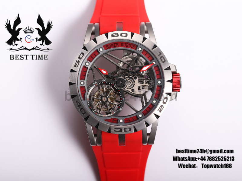 Roger Dubuis Excalibur Sports Tourbillon SS JBF Best Edition Skeleton Dial on Red Rubber Strap