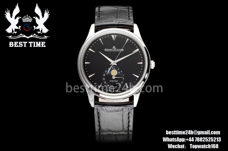 Jaeger-LeCoultre Master Ultra Thin Moon SS AZF 1:1 Best Edition Black Dial on Black Leather Strap A925