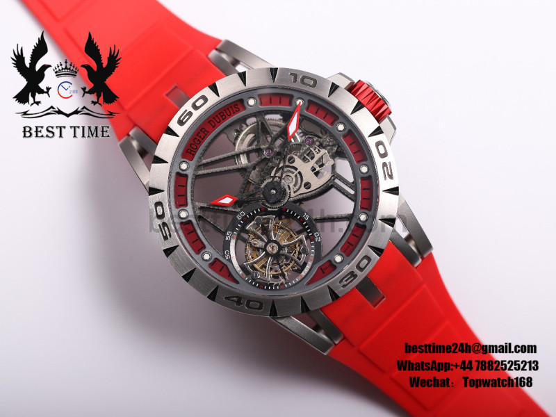 Roger Dubuis Excalibur Sports Tourbillon SS JBF Best Edition Skeleton Dial on Red Rubber Strap