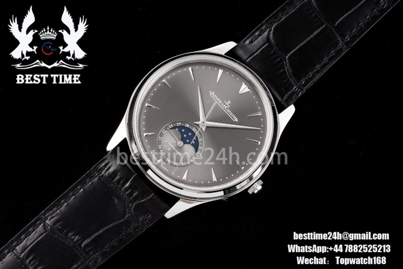 Jaeger-LeCoultre Master Ultra Thin Moon SS AZF 1:1 Best Edition Gary Dial on Black Leather Strap A925