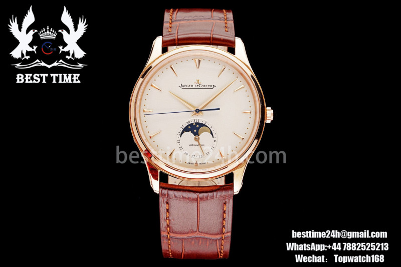 Jaeger-LeCoultre Master Ultra Thin Moon RG AZF 1:1 Best Edition White Dial on Brown Leather Strap A925