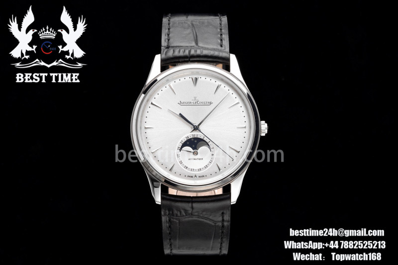 Jaeger-LeCoultre Master Ultra Thin Moon SS AZF 1:1 Best Edition White Dial on Black Leather Strap A925