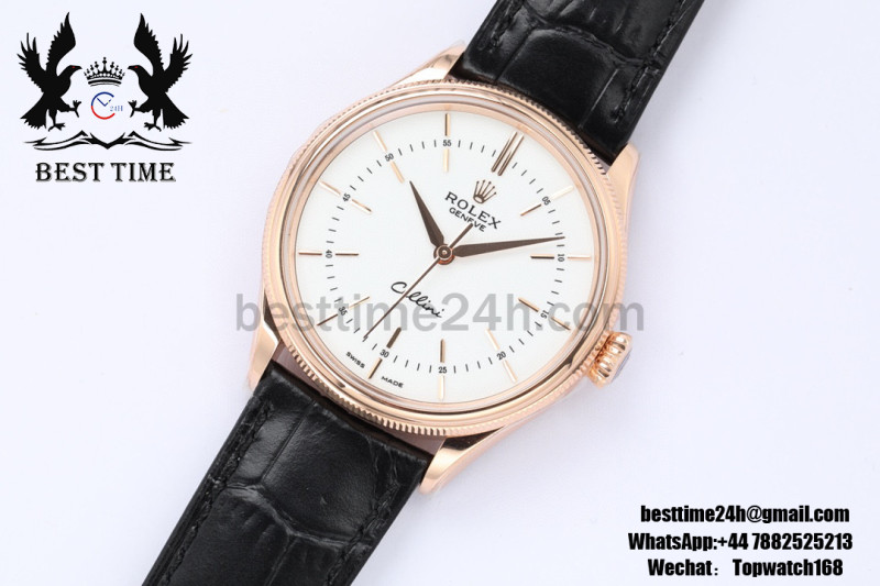 Rolex Cellini 39 RG EWF Best Version White Dial Black Leather Strap A3132