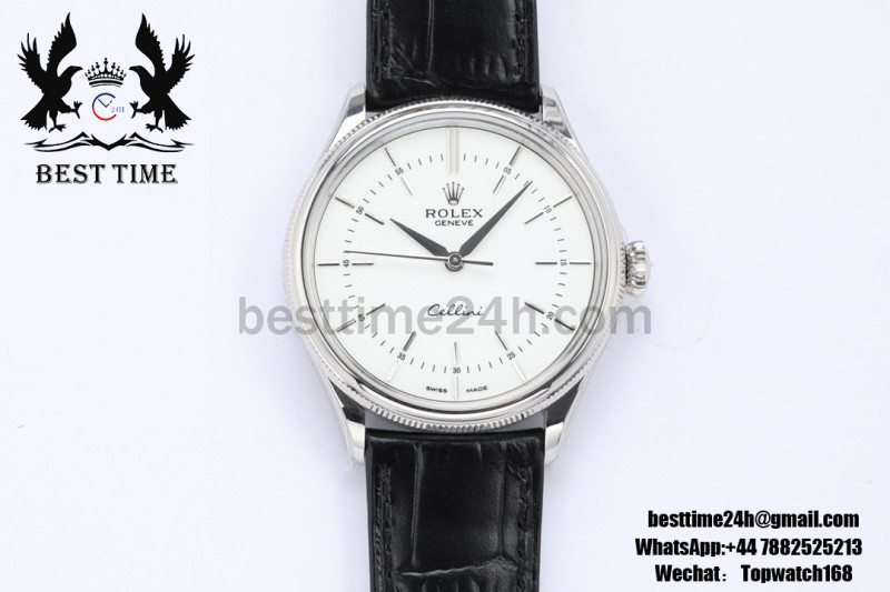 Rolex Cellini 39 SS EWF Best Version White Dial Black Leather Strap A3132