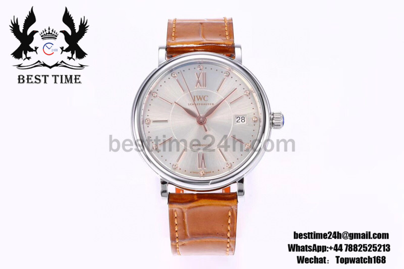 IWC Portofino Automatic 37MM SS MKS 1:1 Best Edition Silver Dial with Brown Leather Strap MIYOTA 9015