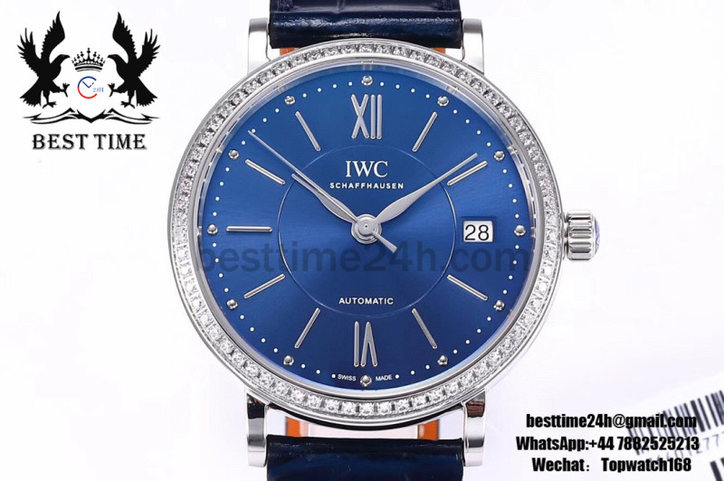 IWC Portofino Automatic 37MM SS MKS 1:1 Best Edition Blue Dial Diamond Bezel with Black Leather Strap MIYOTA 9015