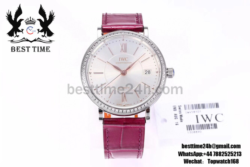 IWC Portofino Automatic 37MM SS MKS 1:1 Best Edition Silver Dial Diamond Bezel with Red Leather Strap MIYOTA 9015